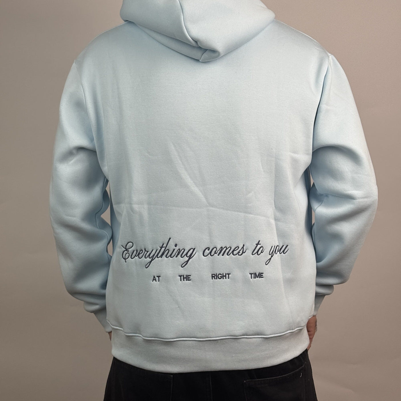 Art District Hoodie in Baby Blue — back embroidery detail