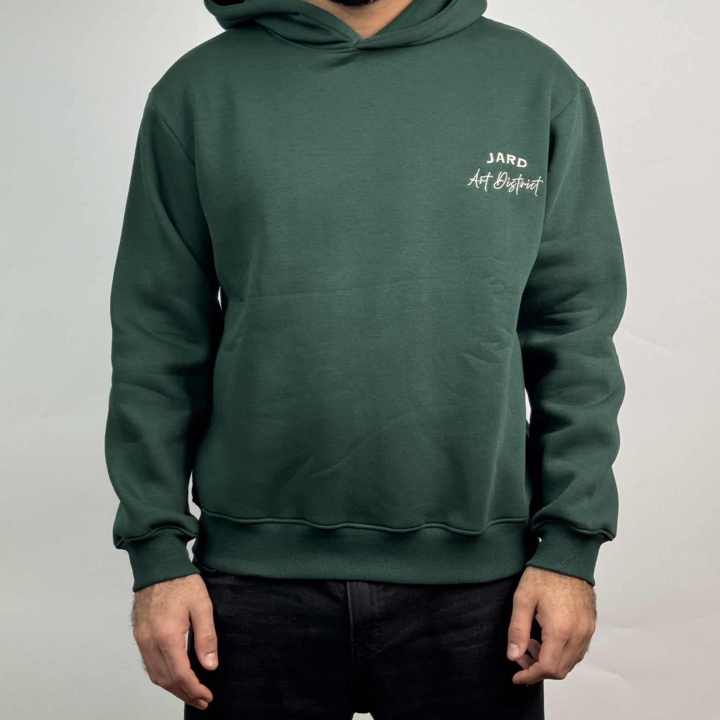 Art District Hoodie in Green — front fit view