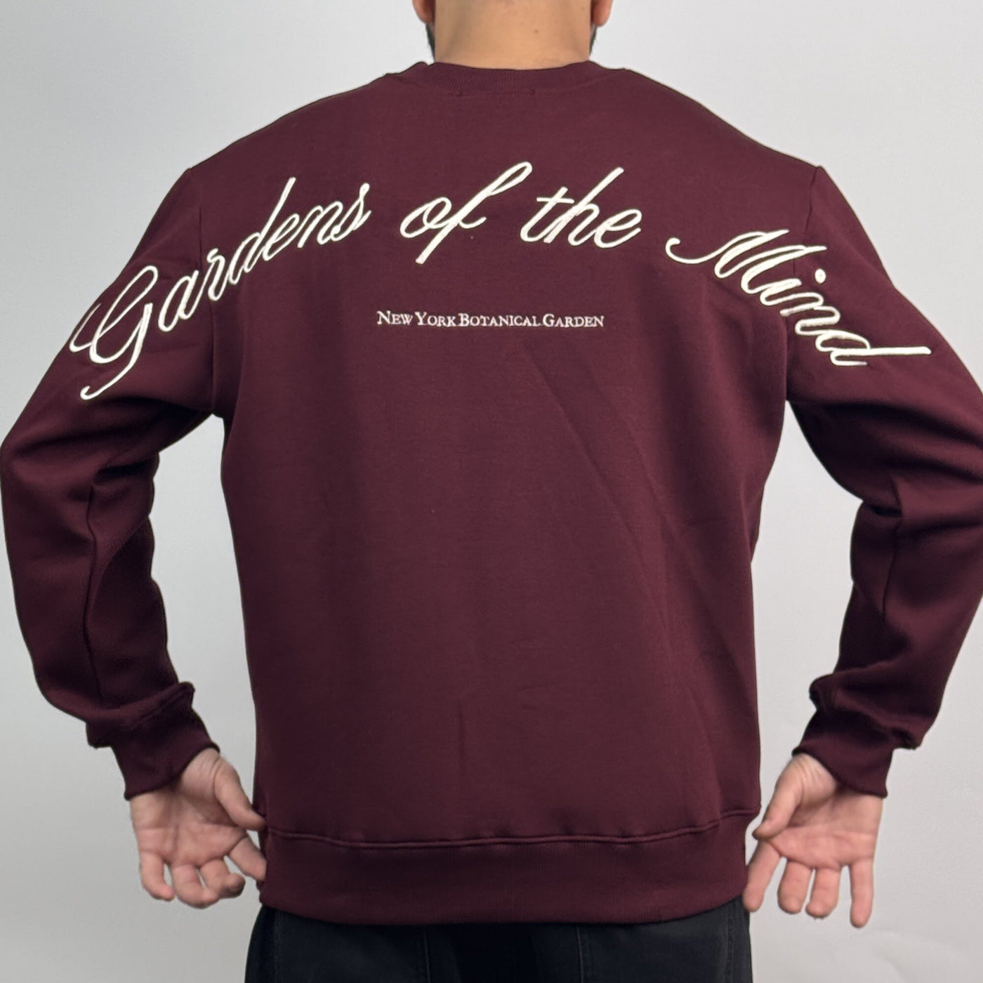 Garden of the Mind Crew in Burgundy — back fit view