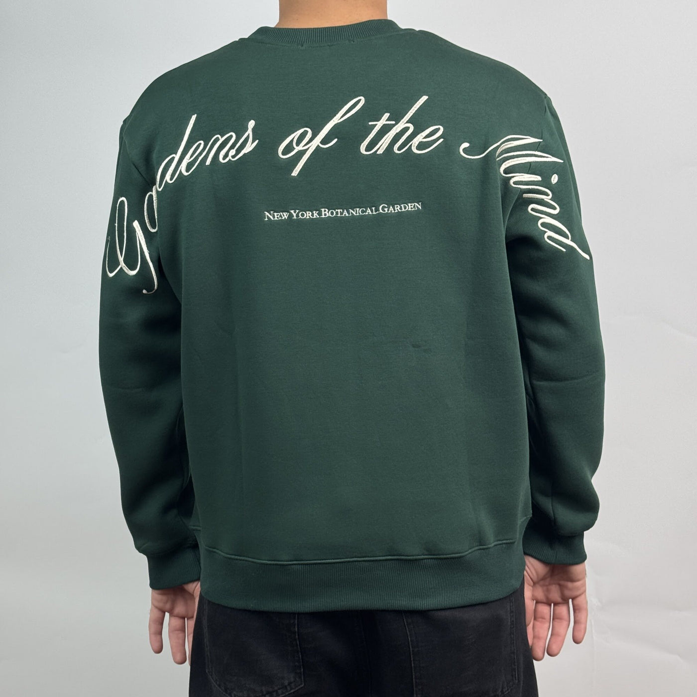 Garden of the Mind Crew in Green — back embroidery detail