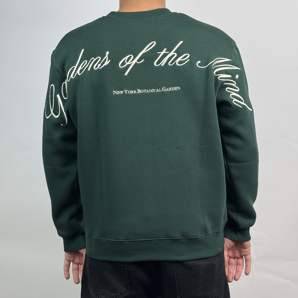 Garden of the Mind Crew in Green — back embroidery detail