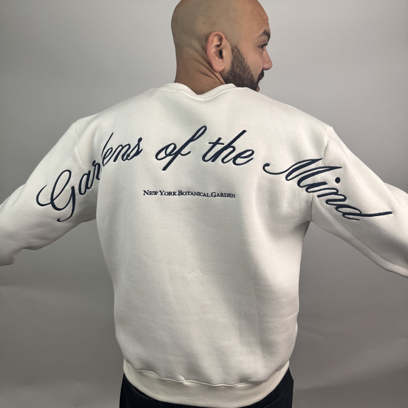 Garden of the Mind Crew in White — back fit view