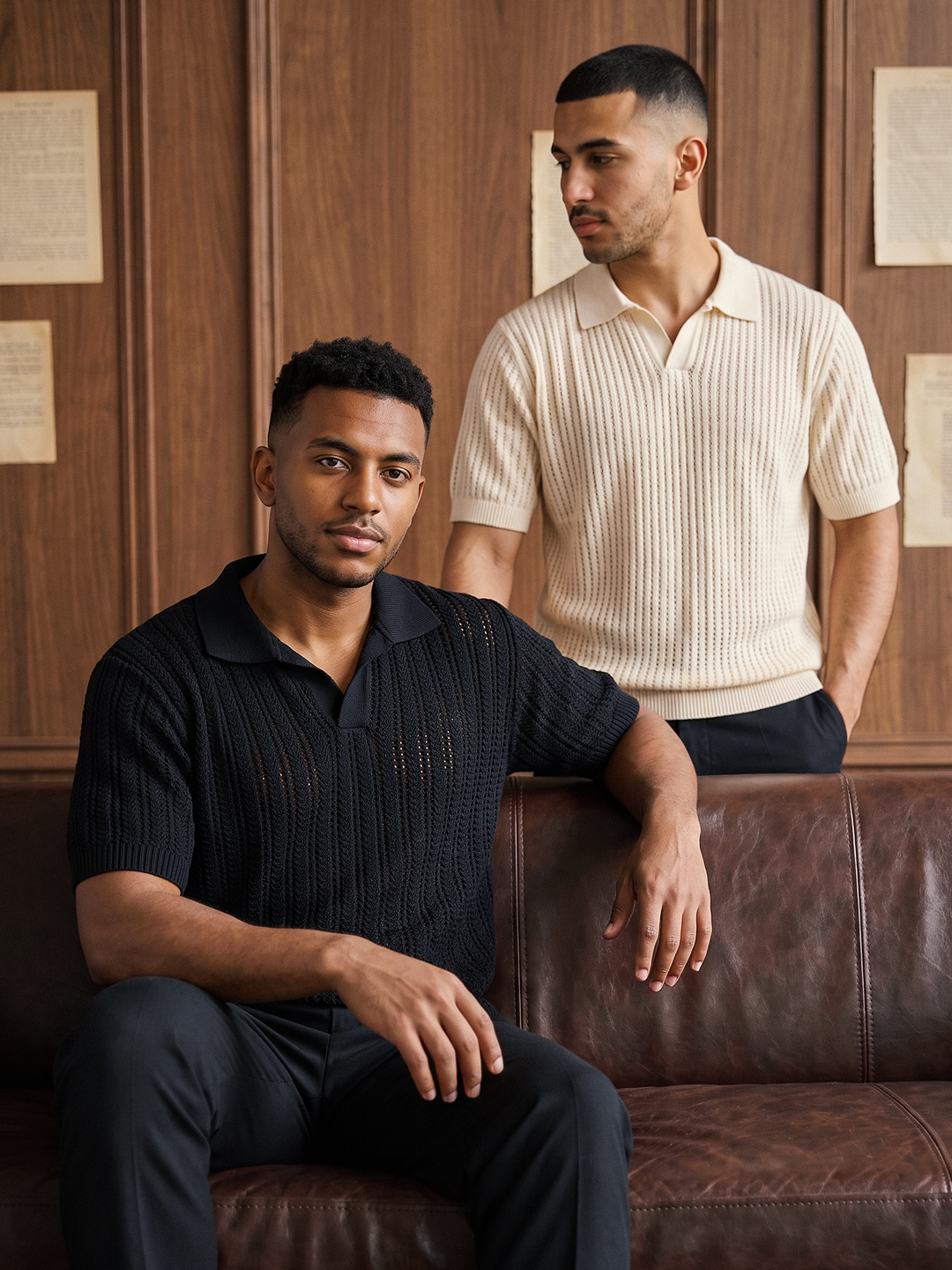 Knitted polo black and cream lifestyle image